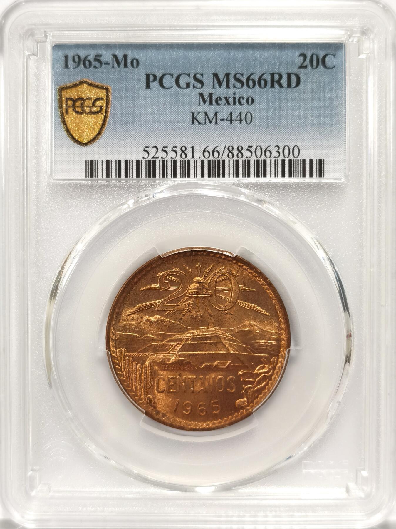 博洋堂世界钱币拍卖第084期（全场包邮） PCGS MS66RD 墨西哥1965年20分铜币，极品RD小鹰洋