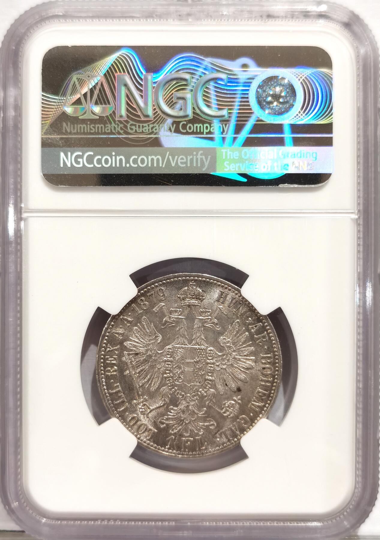 博洋堂世界钱币拍卖第084期（全场包邮） NGC MS64 1879奥地利约瑟夫一世1弗洛林银币，车轮光，盒子有破损