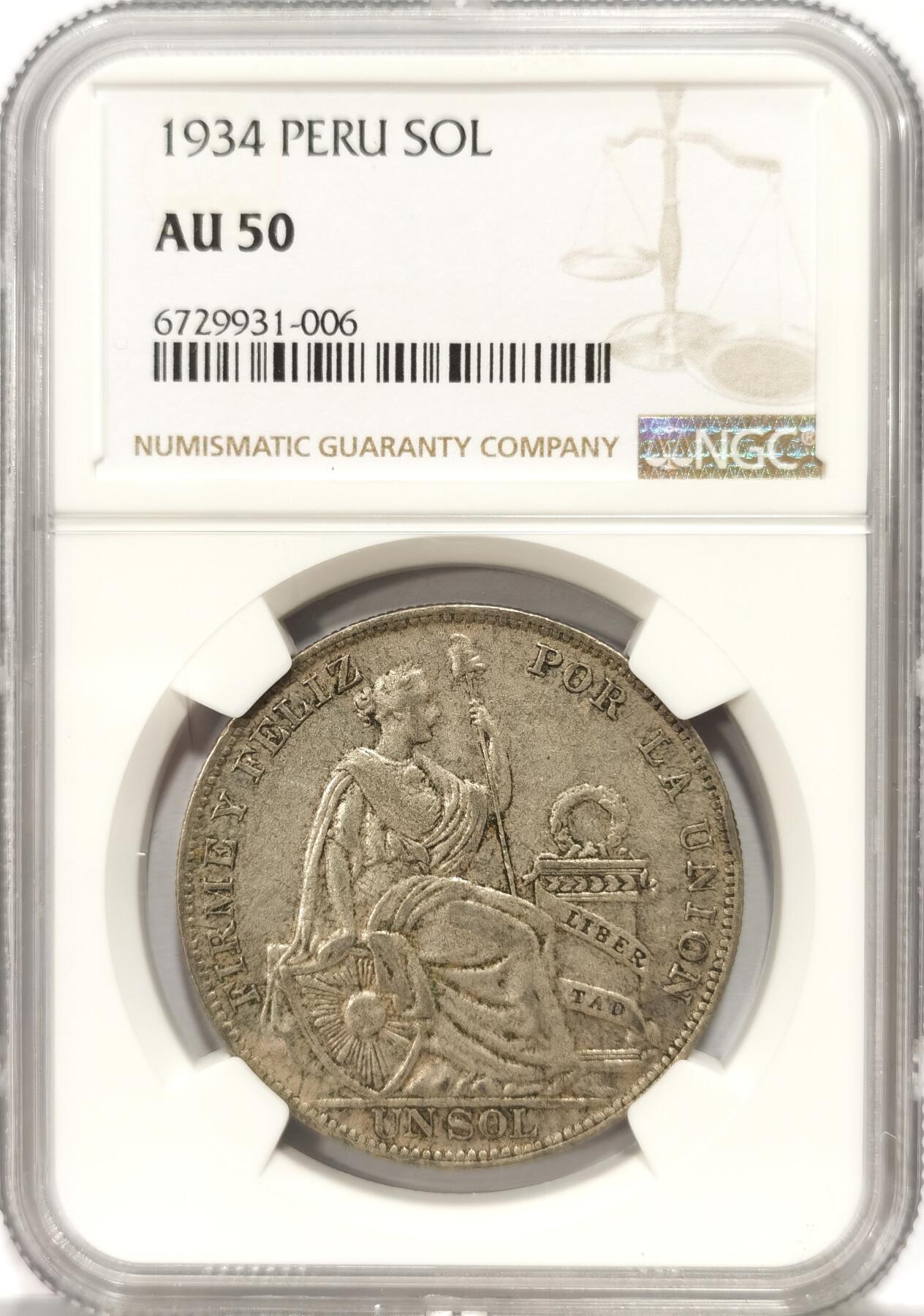 博洋堂世界钱币拍卖第084期（全场包邮） NGC AU50 秘鲁1934年坐人自由女神1索尔大银币，原汁原味