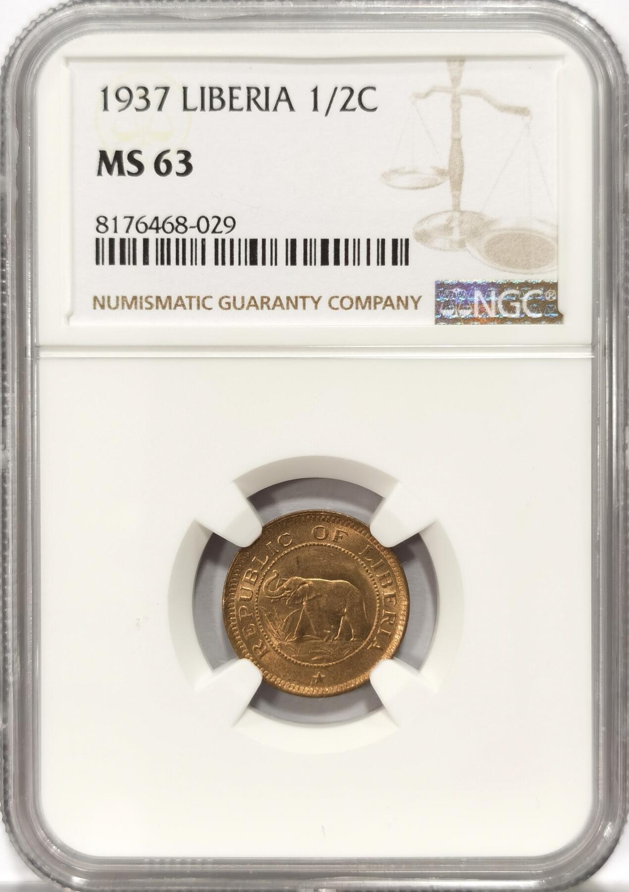 博洋堂世界钱币拍卖第084期（全场包邮） NGC MS63 利比里亚1937年大象1/2分