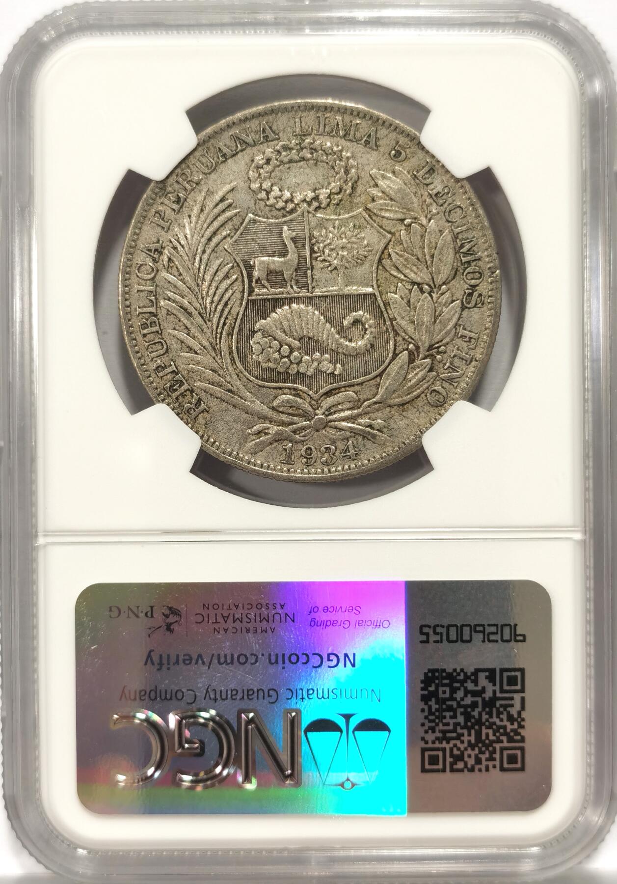 博洋堂世界钱币拍卖第084期（全场包邮） NGC AU50 秘鲁1934年坐人自由女神1索尔大银币，原汁原味