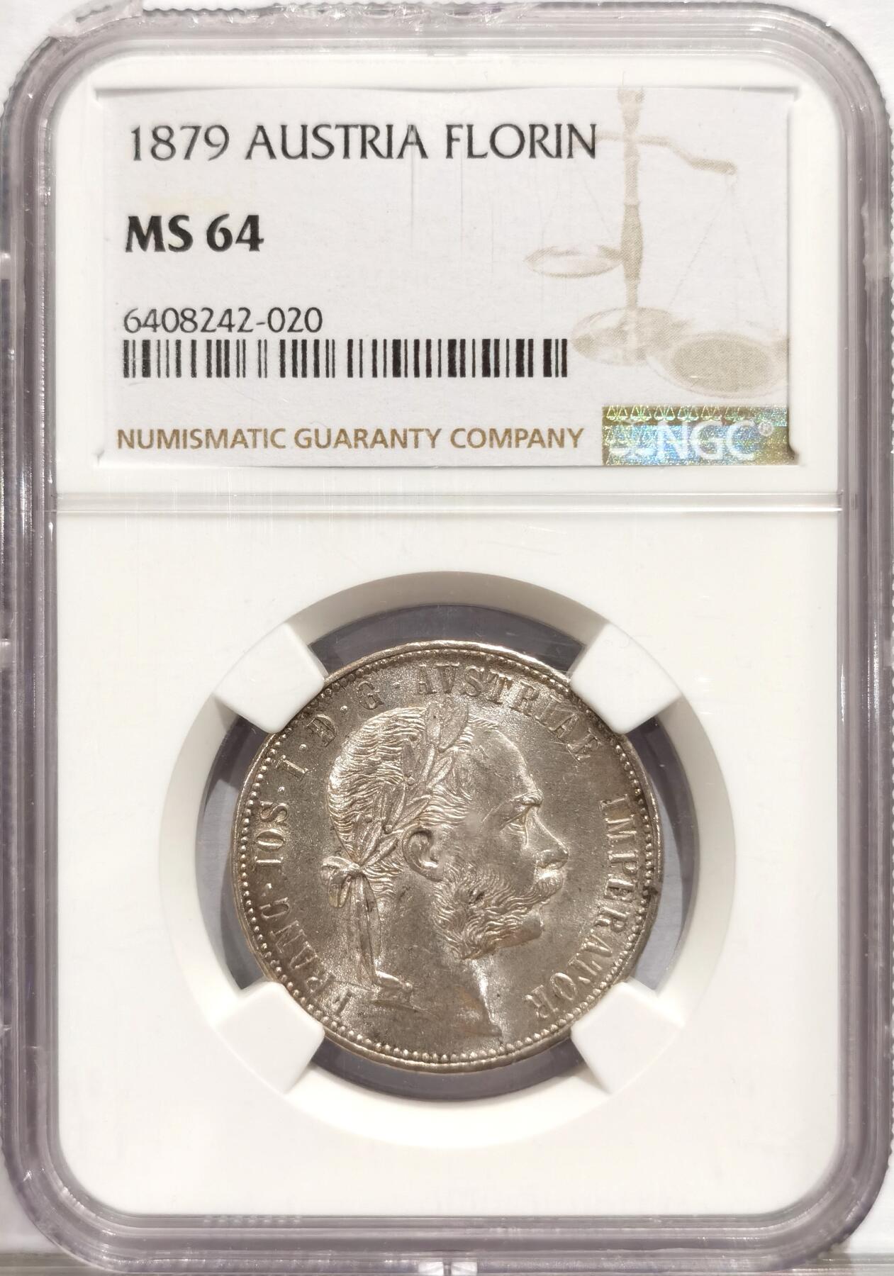 博洋堂世界钱币拍卖第084期（全场包邮） NGC MS64 1879奥地利约瑟夫一世1弗洛林银币，车轮光，盒子有破损