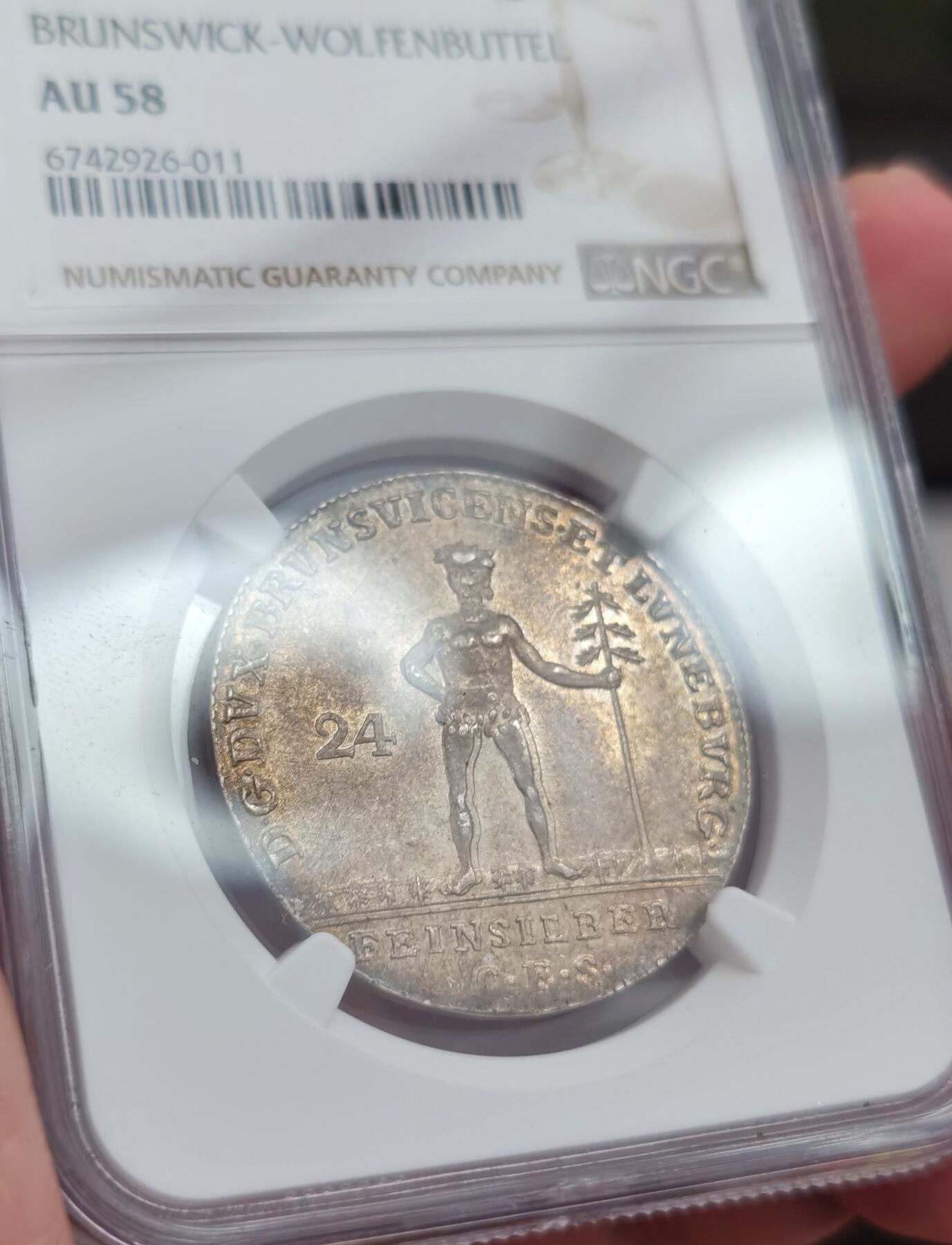 博洋堂世界钱币拍卖第084期（全场包邮） NGC AU58 神罗德国布伦瑞克-沃尔芬堡1783年野人24格鲁申银币 淡金包浆 低评