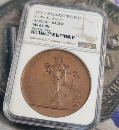 欧洲艺术麦朵尔 周五结拍 稀少品种1896瑞士阿尔高射击节铜章MS64