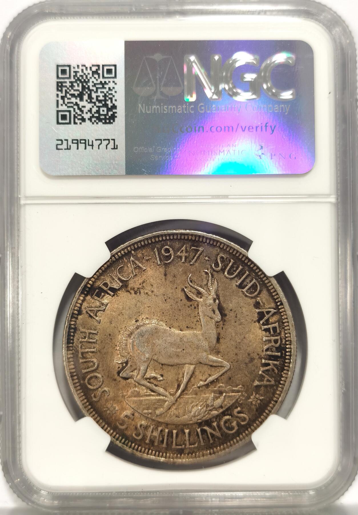 博洋堂世界钱币拍卖第084期（全场包邮） NGC MS63 英属南非1947年乔治六世5先令银币，极美黄油彩