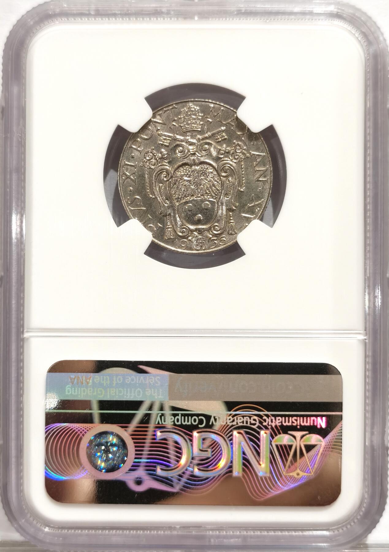 博洋堂世界钱币拍卖第084期（全场包邮） NGC MS62 1936梵蒂冈庇护十一世天使剑50分镍币