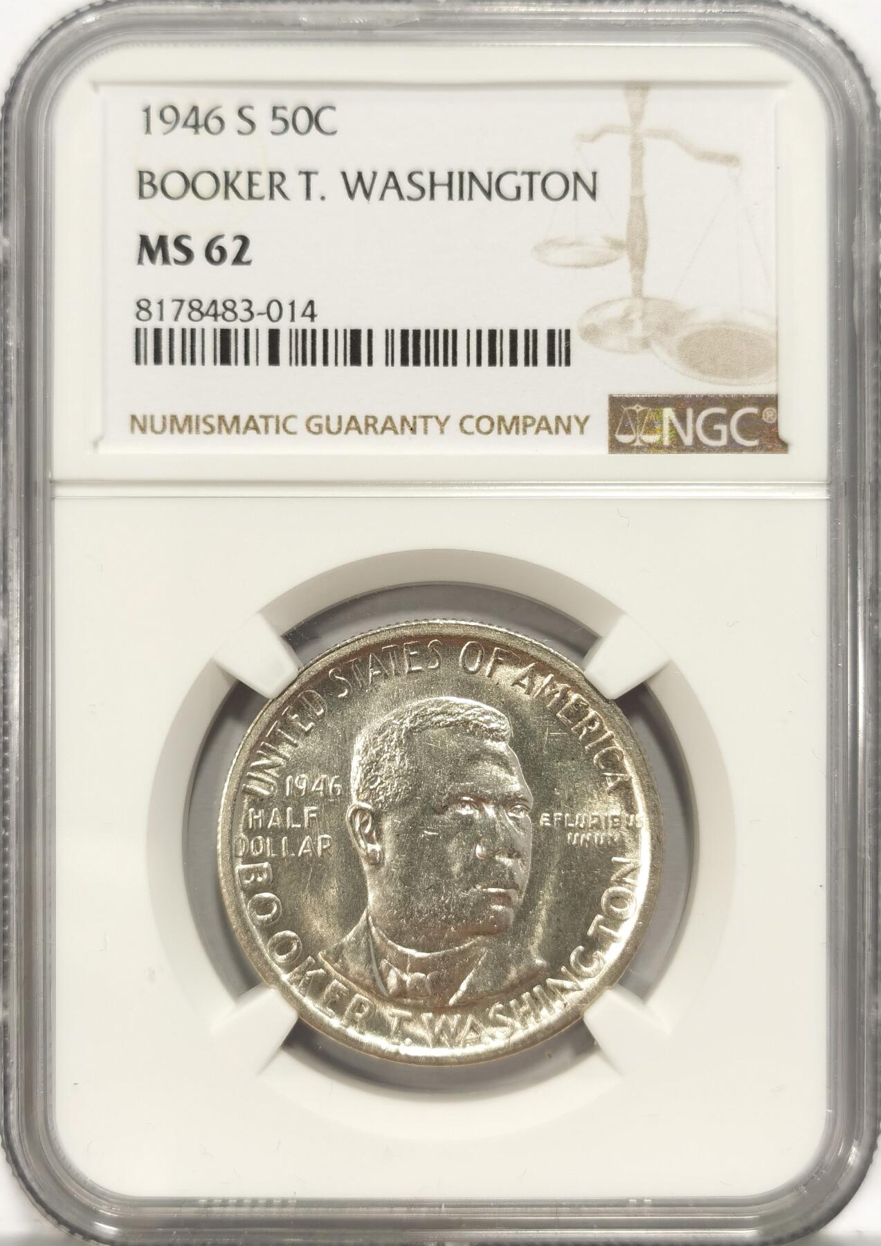 博洋堂世界钱币拍卖第084期（全场包邮） NGC MS62 美国1946年布克·华盛顿50美分纪念银币
