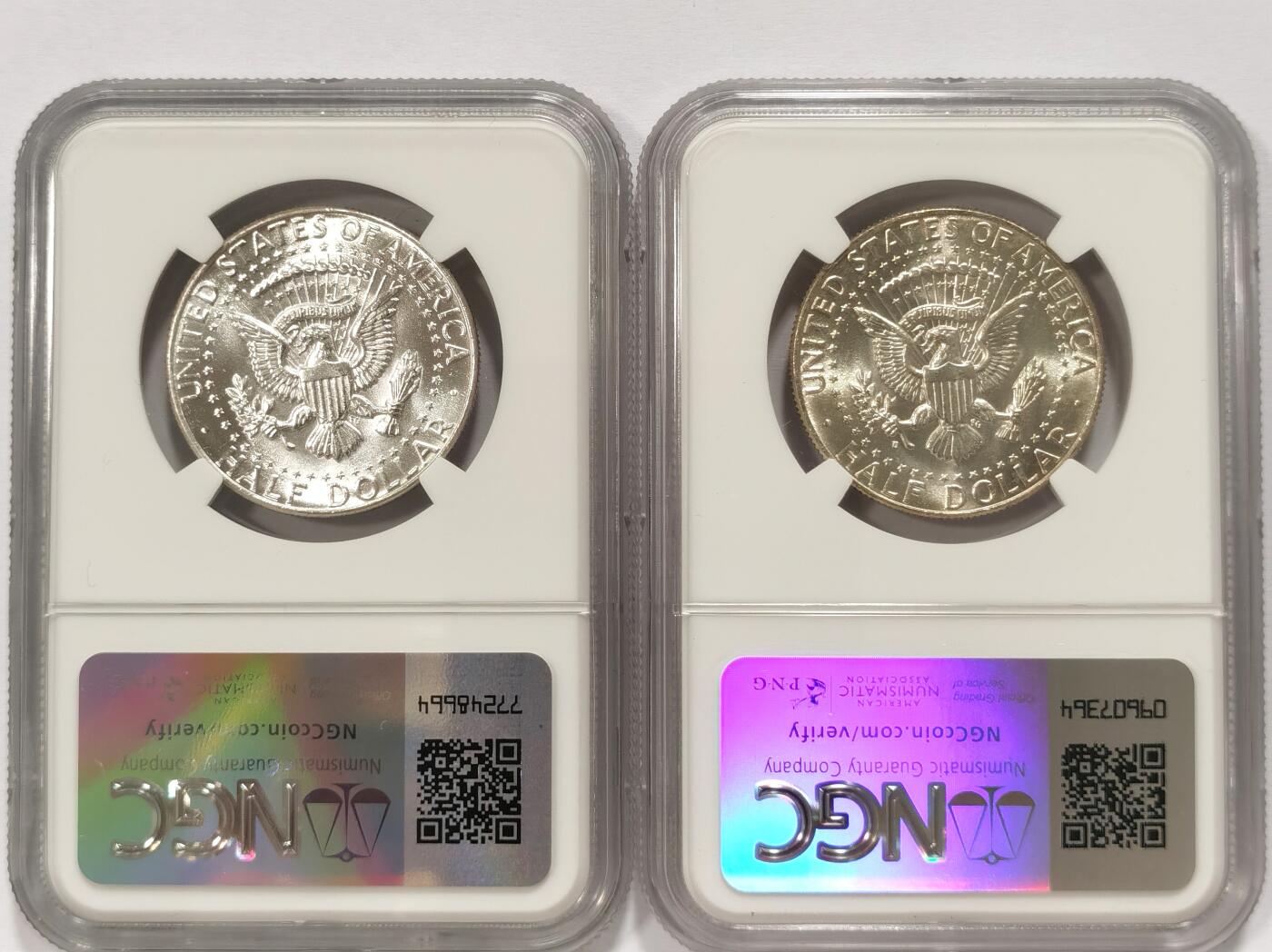博洋堂世界钱币拍卖第084期（全场包邮） NGC MS65 美国1964年高银版肯尼迪50美分银币2枚一对，含少见D版，一次收齐