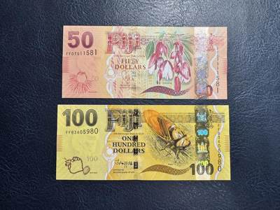 收藏联盟Quantum Auction 第362期拍卖  - 斐济2013年版50和100元 品相全新UNC 号码无4 斐济珍稀植物 血兰花