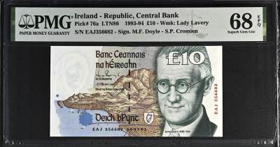 《张总收藏》159期-外币周日畅拍场 - 爱尔兰10镑 PMG68E 1993年首发年a版 爱尔兰文学家乔伊斯 无47