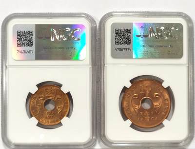 博洋堂世界钱币拍卖第129期（全场包邮） NGC MS64RB 英属东非1956/64年伊丽莎白二世5分、10分铜币2枚一对