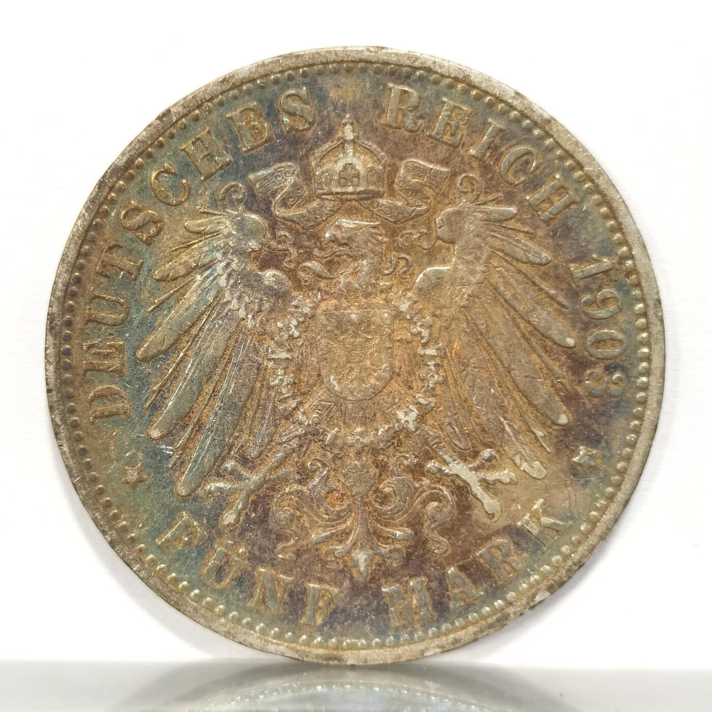 博洋堂世界钱币拍卖第084期（全场包邮） 德国符腾堡1903年5马克银币，人像月牙彩，背面重五彩，流通老包浆