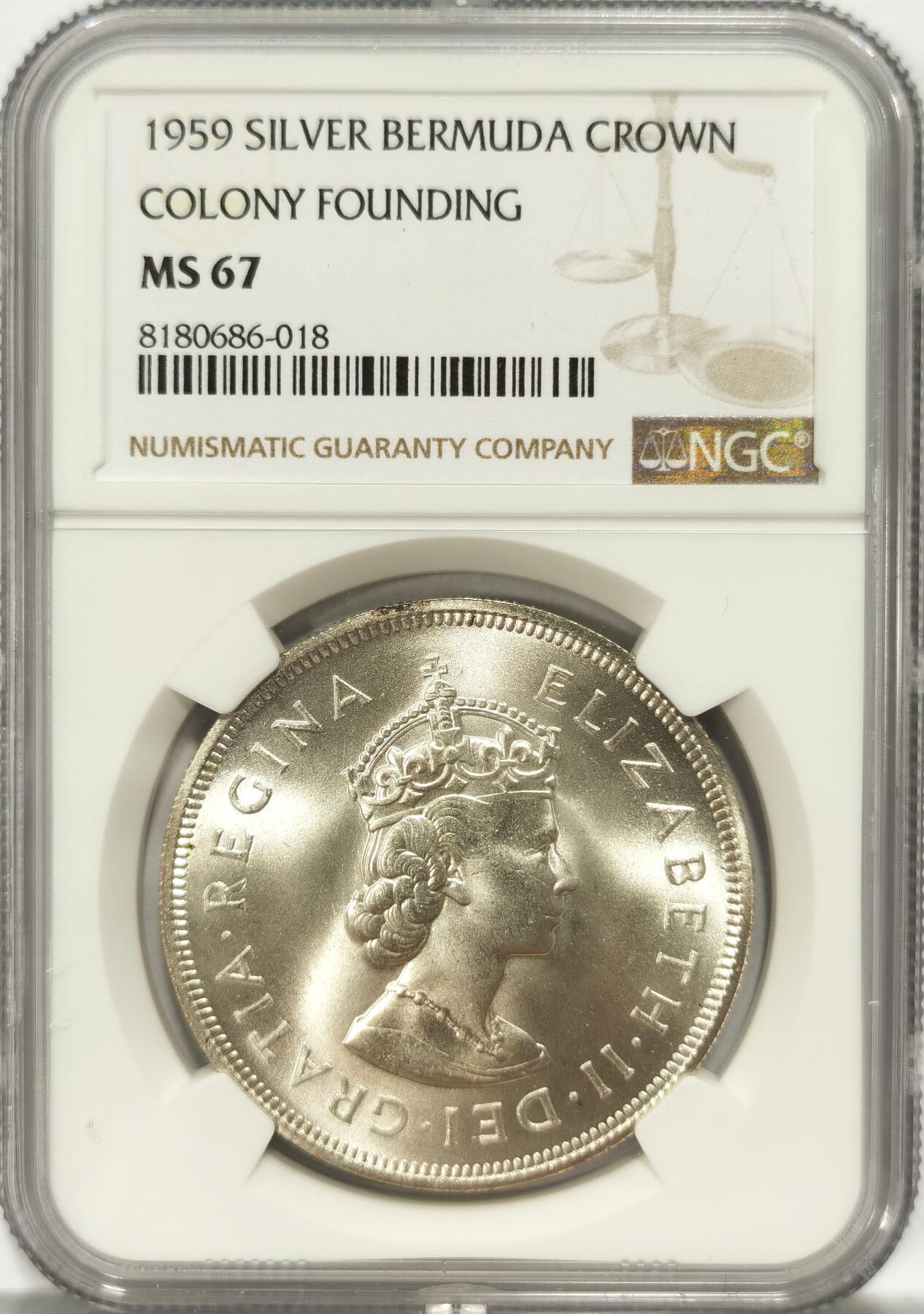 博洋堂世界钱币拍卖第084期（全场包邮） NGC MS67 英属百慕大1959年伊丽莎白二世1克朗银币，殖民地发现350周年纪念，巅峰级分数2