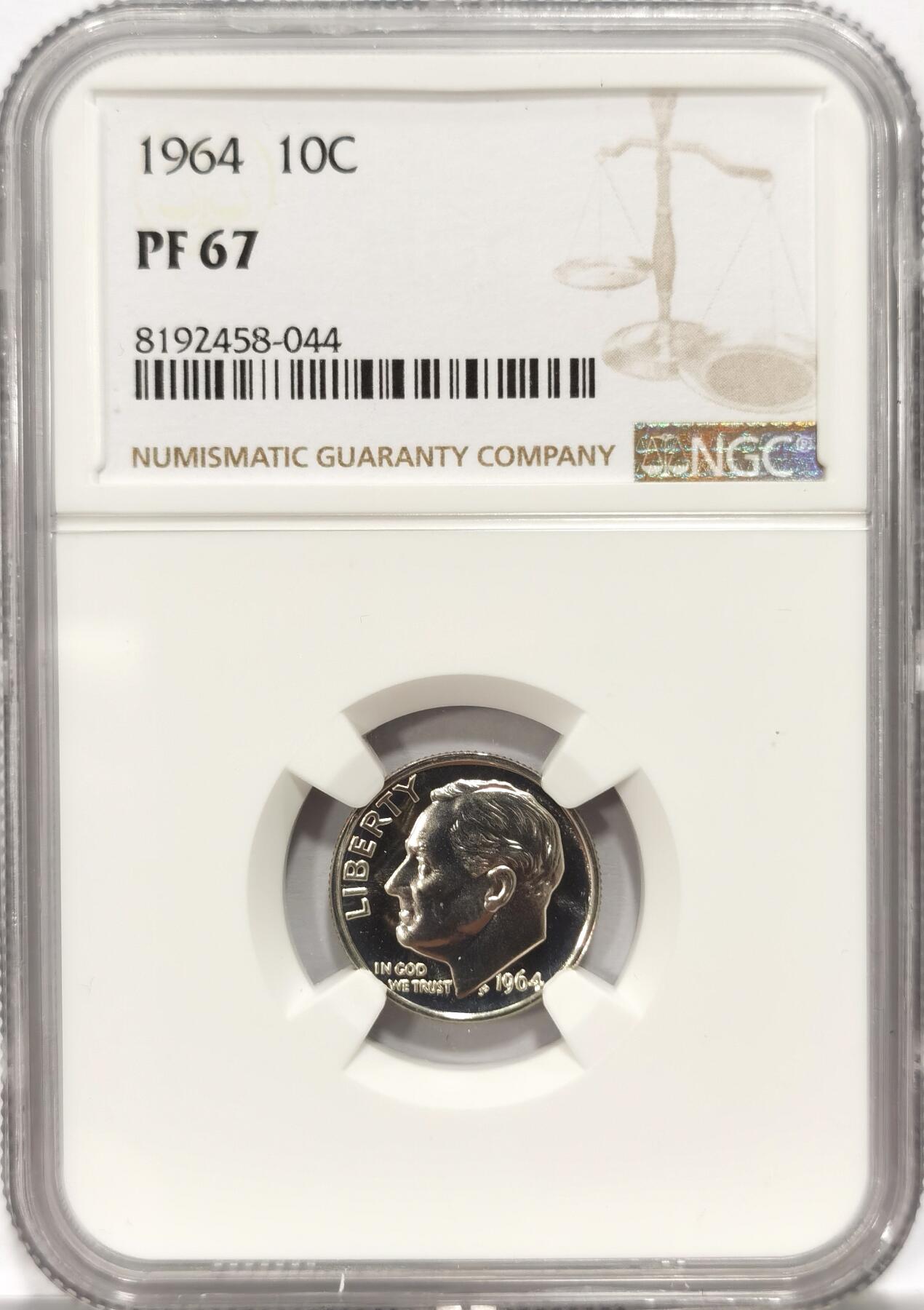 博洋堂世界钱币拍卖第084期（全场包邮） NGC PF67 美国1964年罗斯福10美分银币，近乎完美的精制镜面状态