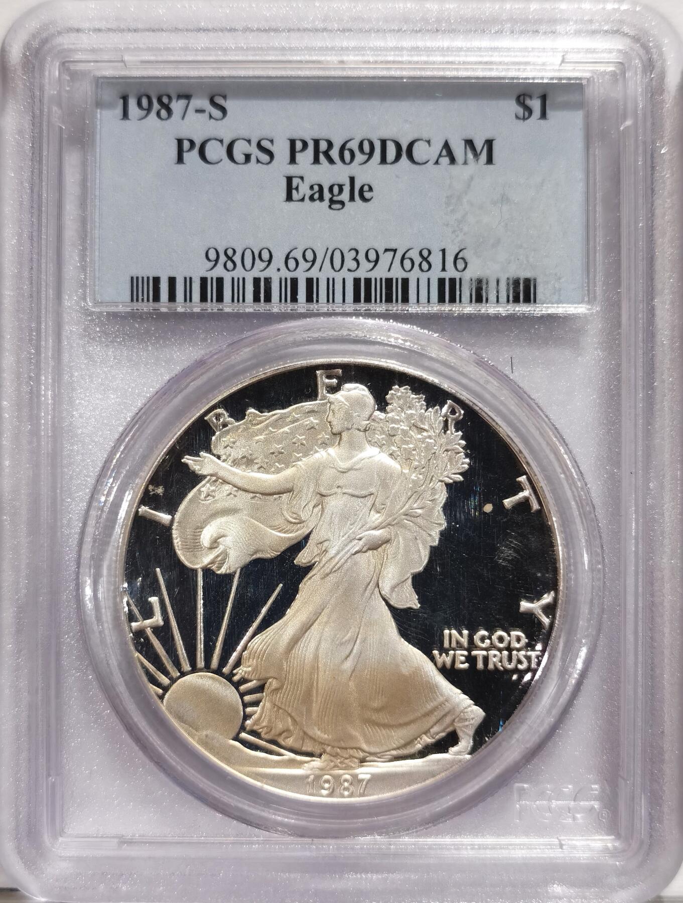 博洋堂世界钱币拍卖第084期（全场包邮） PCGS PR69DCAM 1987-S美国行走女神1美元精制银币，早期P盒严评