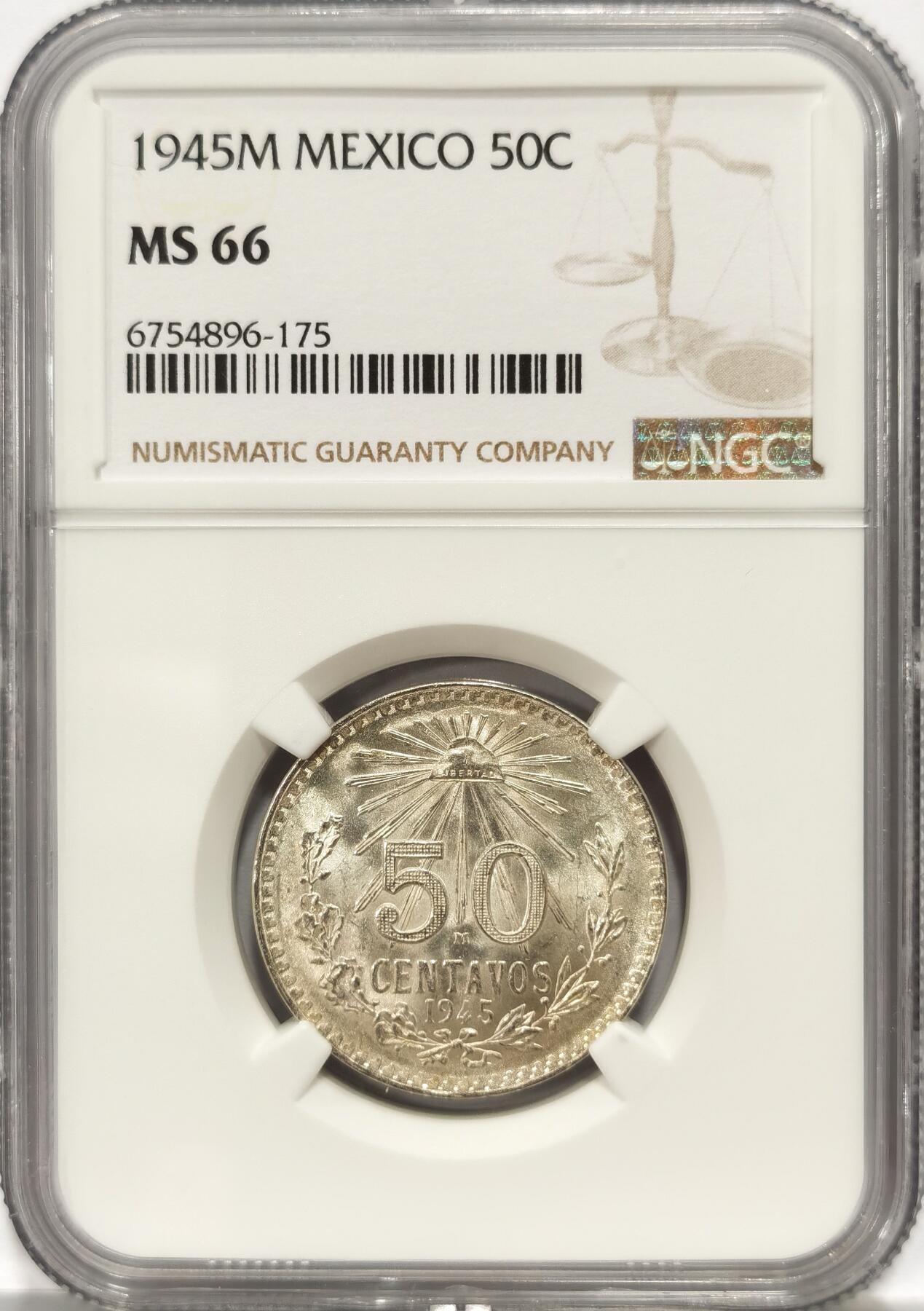 博洋堂世界钱币拍卖第084期（全场包邮） NGC MS66 墨西哥1945年50分鹰洋银币，顶级高分