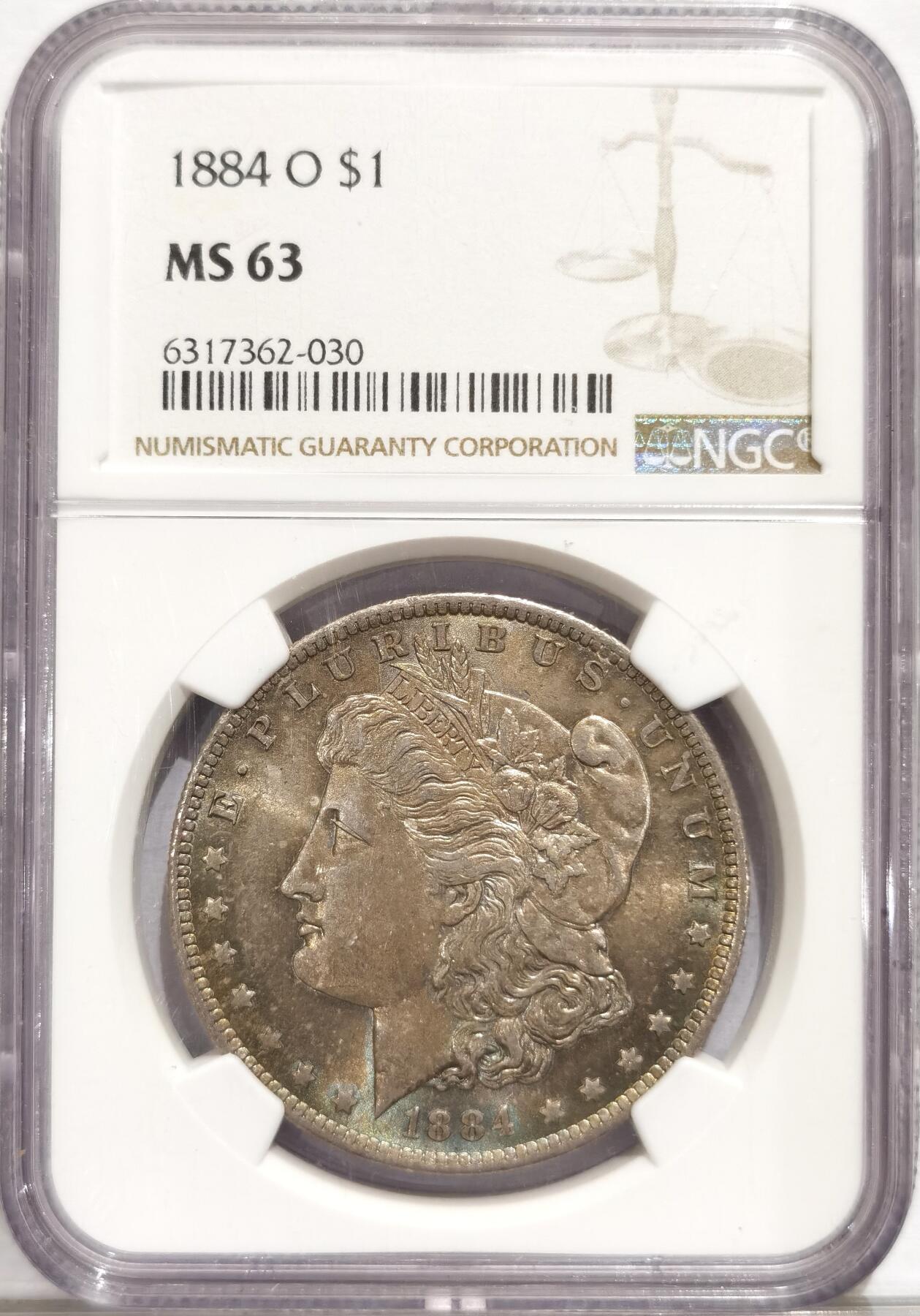 博洋堂世界钱币拍卖第084期（全场包邮） NGC MS63 美国摩根银币1884年O版 正面环彩包浆 背面光度很棒 脸部伤很少状态好