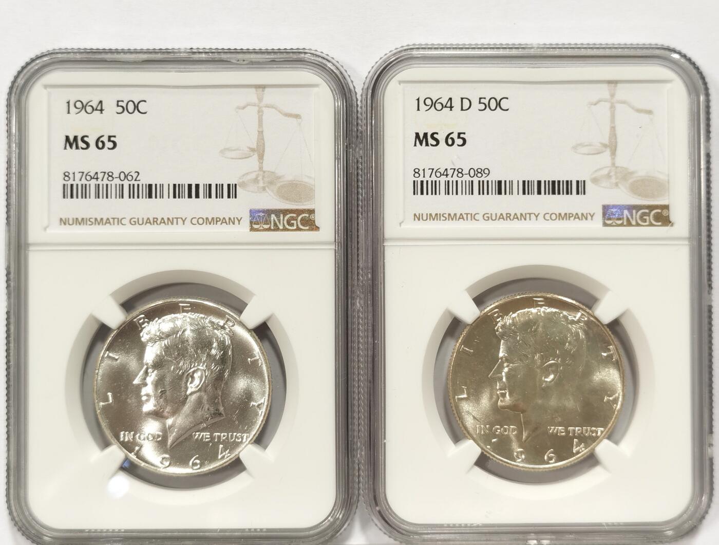 博洋堂世界钱币拍卖第084期（全场包邮） NGC MS65 美国1964年高银版肯尼迪50美分银币2枚一对，含少见D版，一次收齐