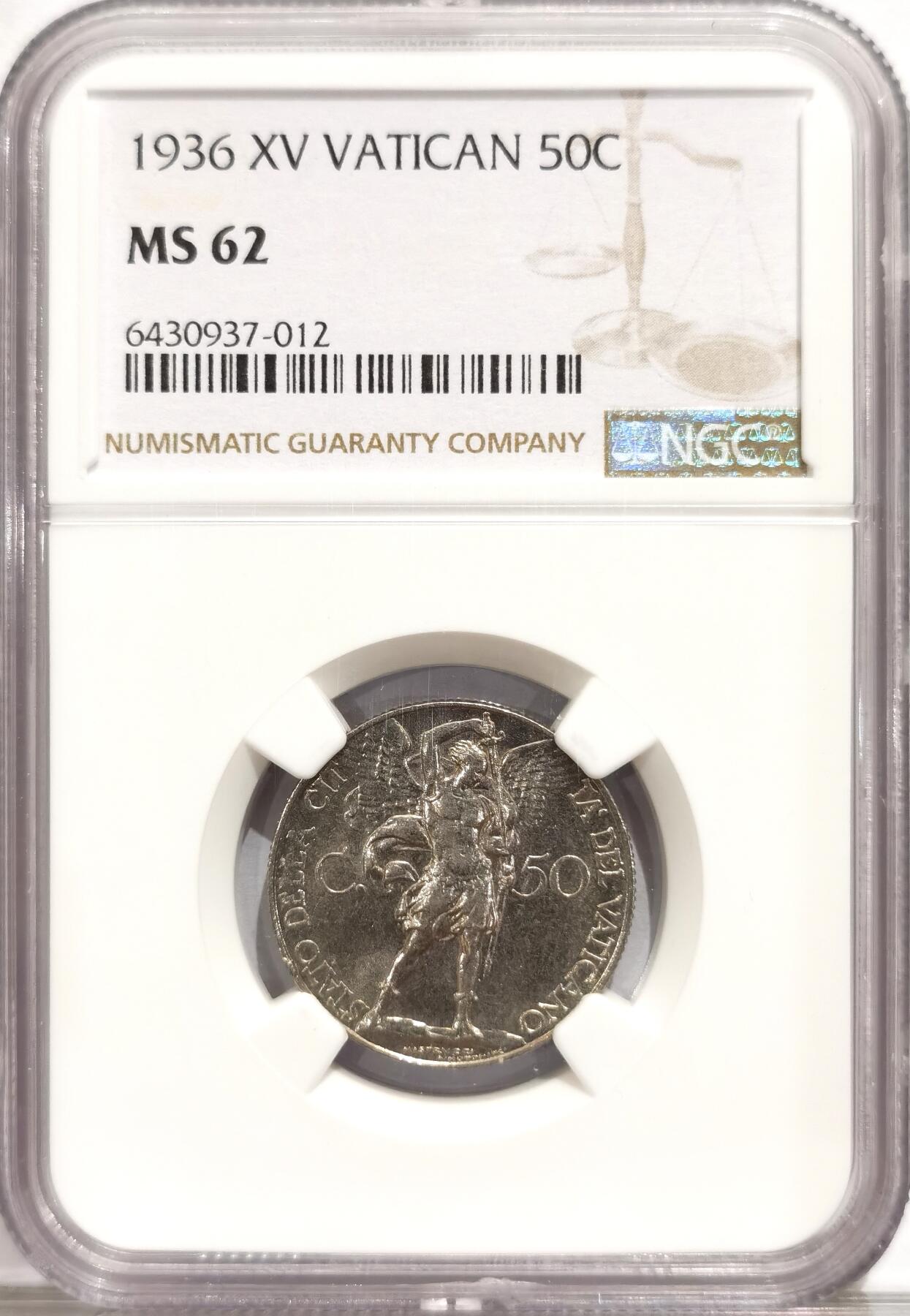 博洋堂世界钱币拍卖第084期（全场包邮） NGC MS62 1936梵蒂冈庇护十一世天使剑50分镍币