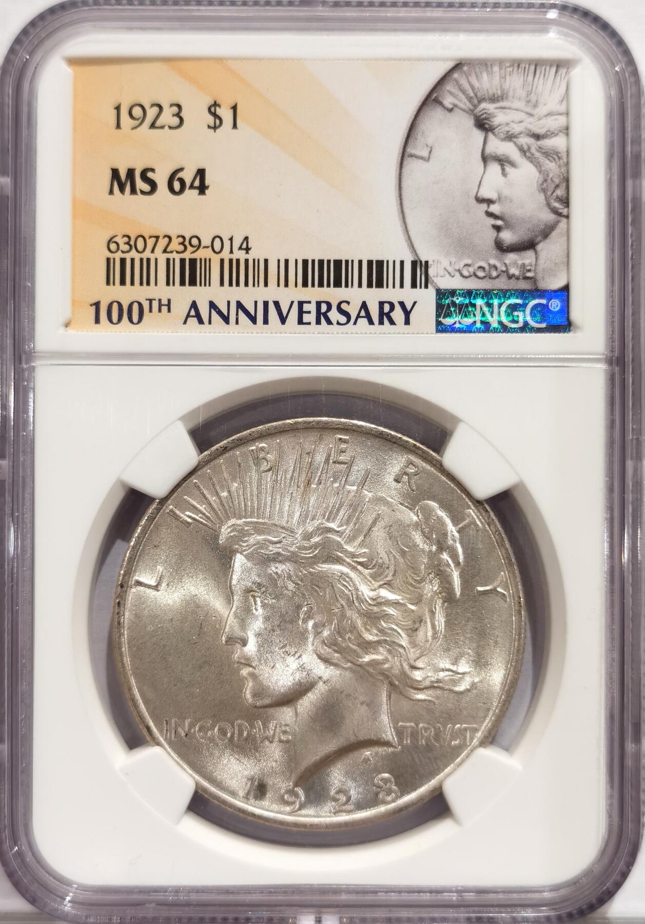 博洋堂世界钱币拍卖第084期（全场包邮） NGC MS64 1923美国和平1美元银币，百年标