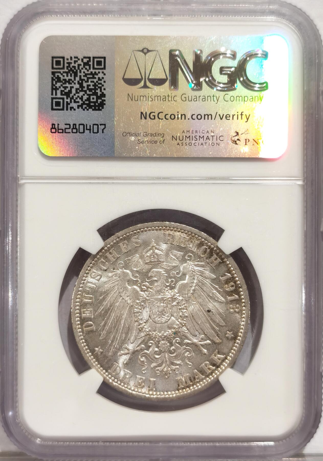 博洋堂世界钱币拍卖第084期（全场包邮） NGC MS63 德国普鲁士1913年威廉二世戎装三马克 两面转光强烈 个人感觉得有64分的水平 正背面边缘均带有黄油光泽