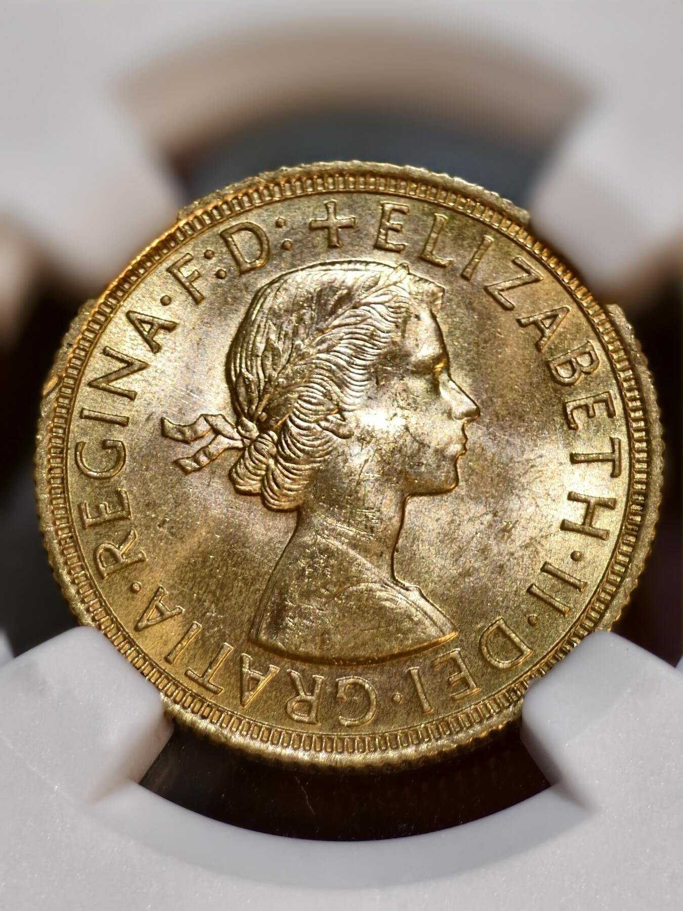 NGC-MS63英国1958年伊丽莎白二世索维林金币- 金质的欧罗巴- 金质的