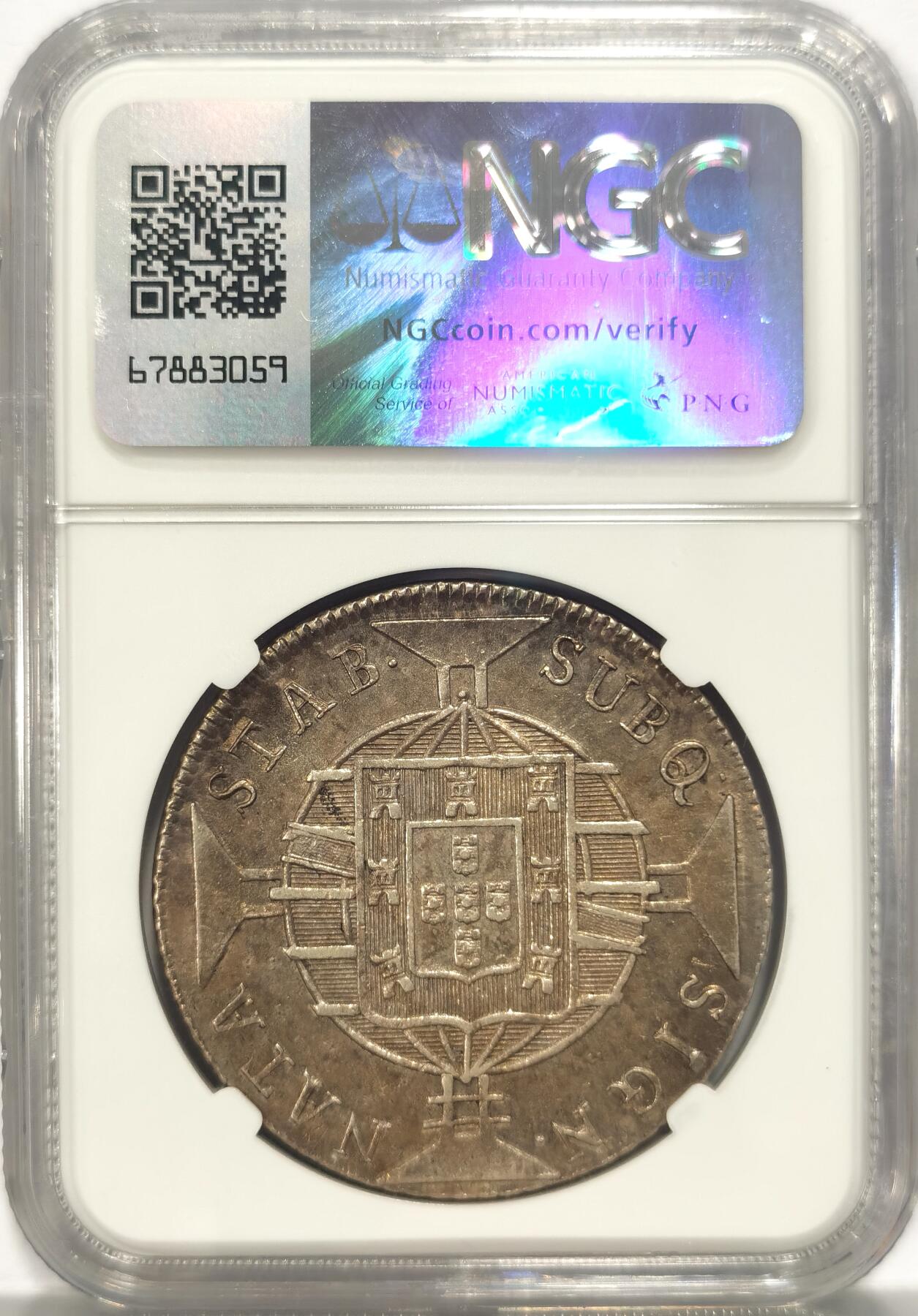 博洋堂世界钱币拍卖第084期（全场包邮） NGC AU58 葡属巴西1819年R版960R地球大银币，原味深打，背面葡萄牙盾徽罕见完美细节