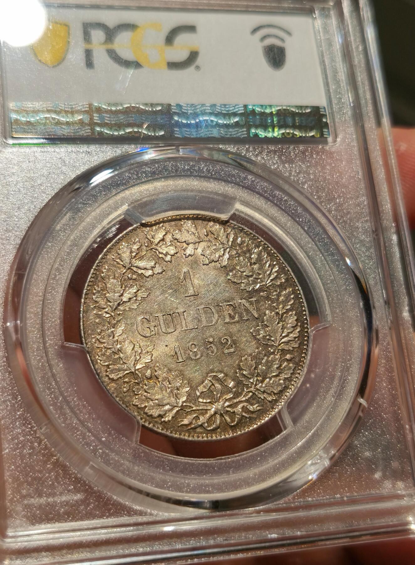 博洋堂世界钱币拍卖第084期（全场包邮） PCGS MS63 德国法兰克福1852流通1盾银币 金色包浆 低评状态