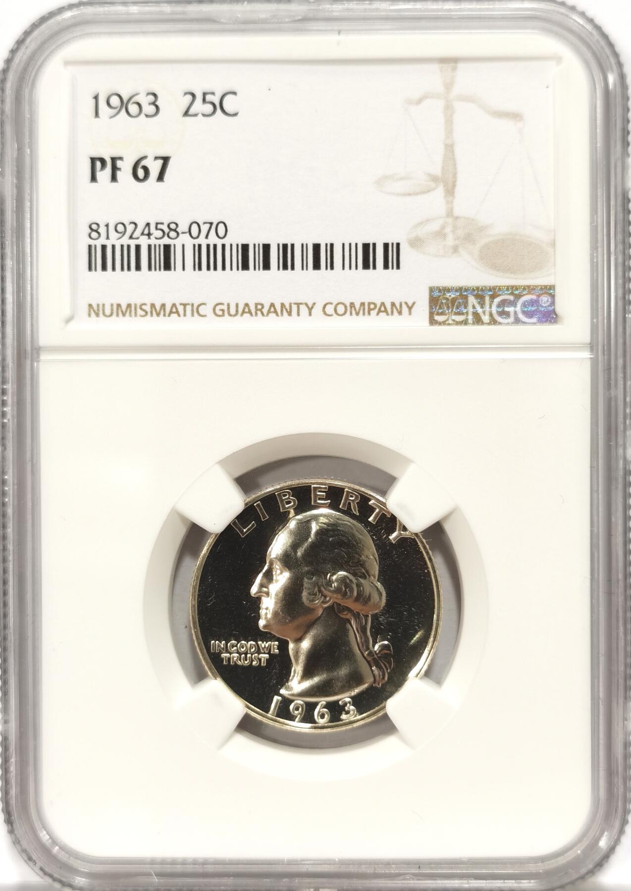 博洋堂世界钱币拍卖第084期（全场包邮） NGC PF67 美国1963年华盛顿25美分银币，近乎完美的精制镜面状态