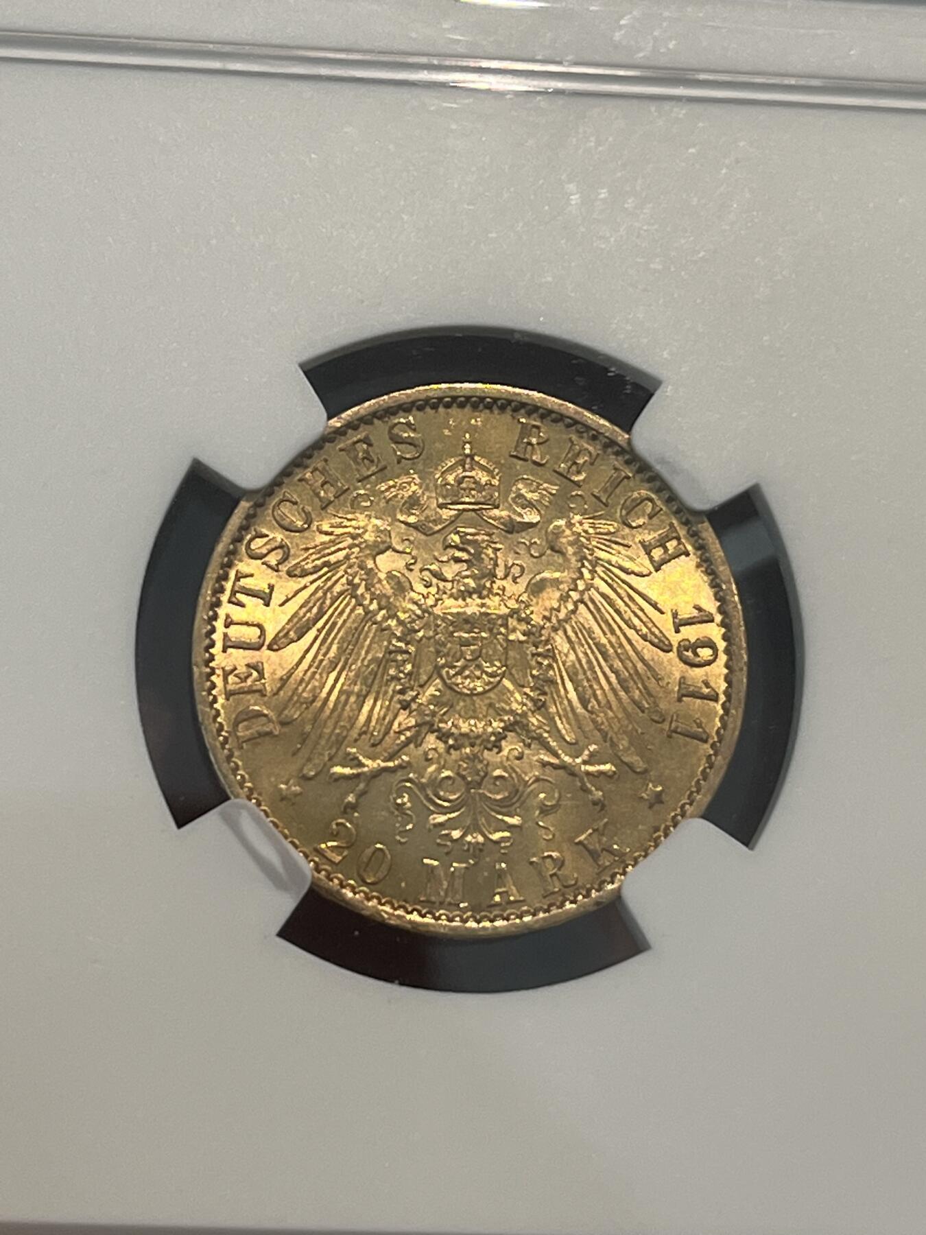 NGC-MS63 1911黑森达姆斯塔特20马克金币季军