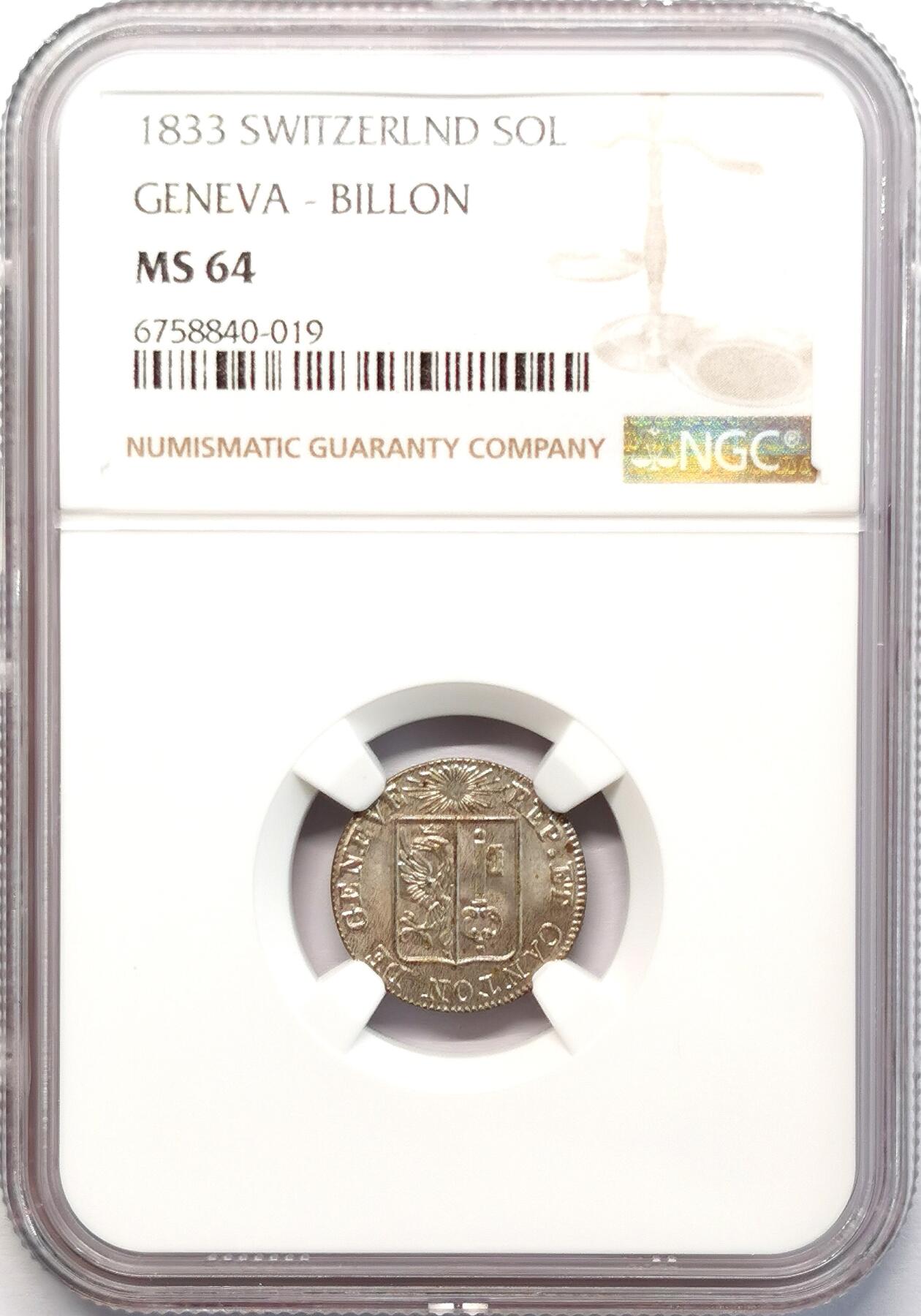 凡希社世界钱币微拍第二百七十七期 1833瑞士日内瓦SOL银辅币NGC-MS64