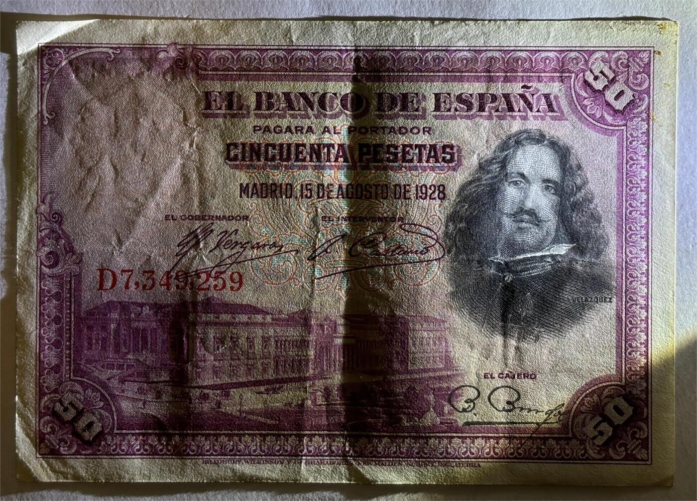 紫瑗钱币——第389期拍卖——纸币场 西班牙 1928年 油画《布雷达的献城》50比塞塔 AU