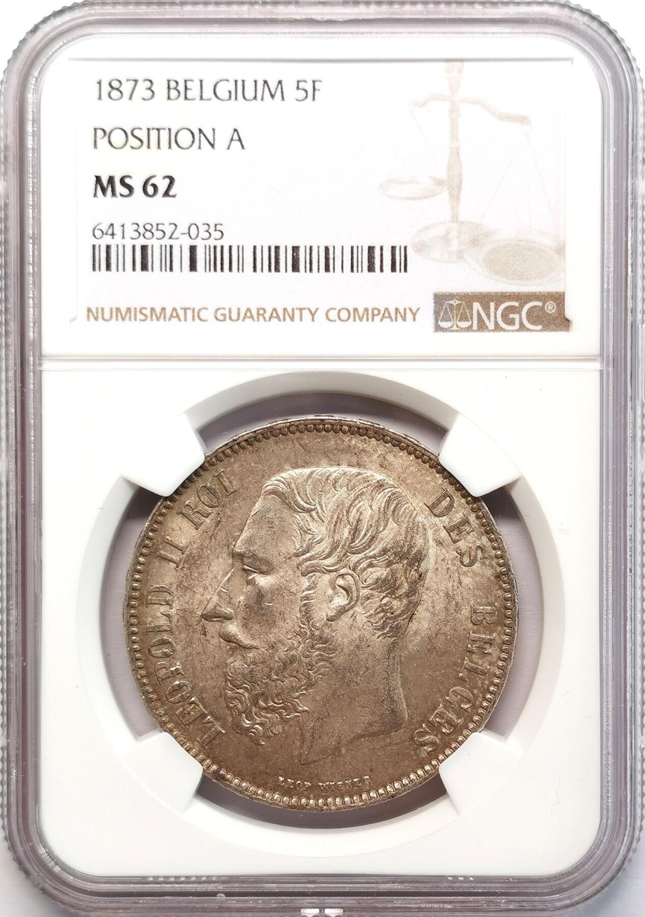 凡希社世界钱币微拍第二百七十七期 1873比利时利奥波德二世5法郎大银NGC-MS62