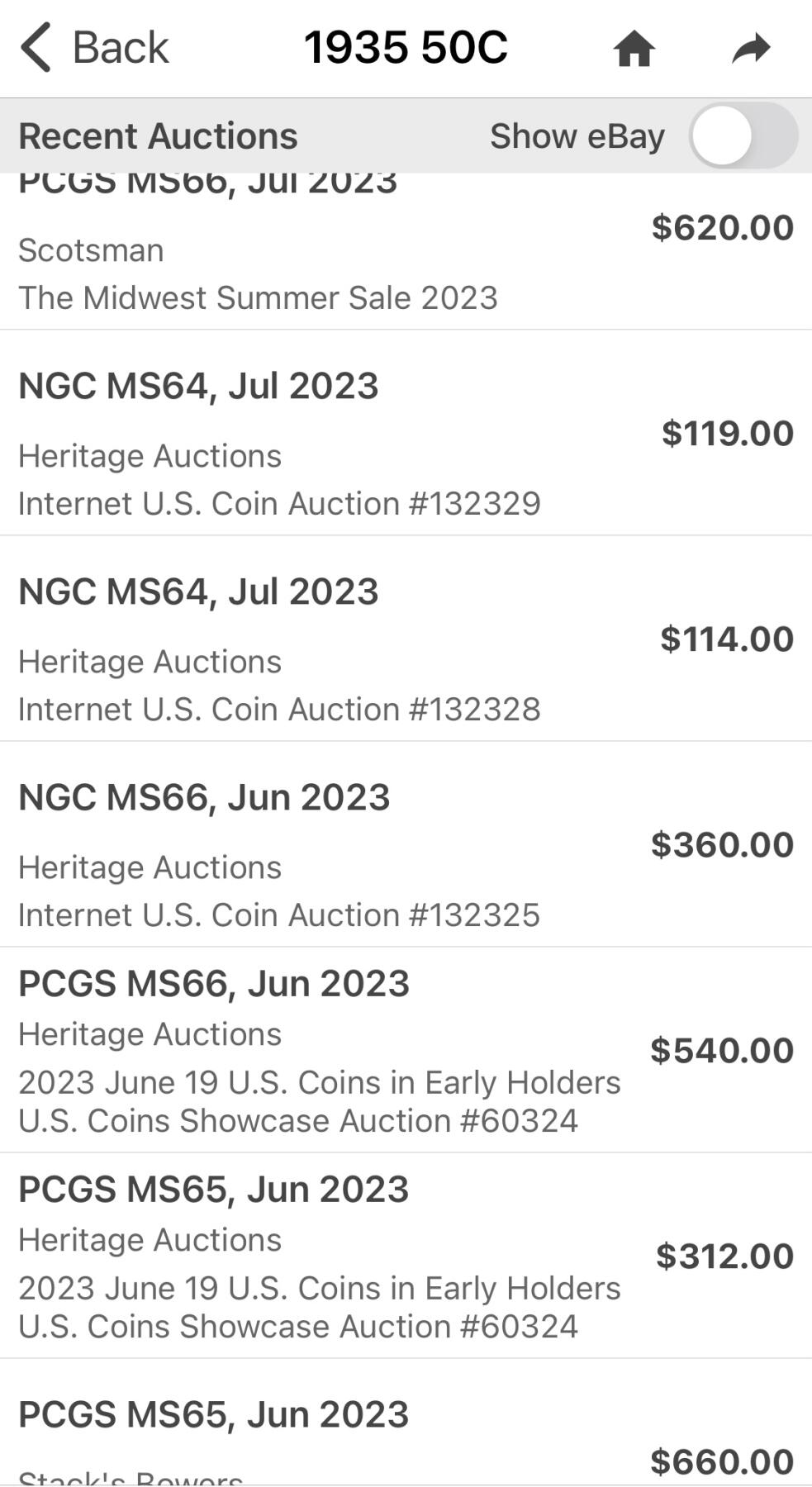 博洋堂世界钱币拍卖第084期（全场包邮） NGC MS65 美国1935年行走女神半圆银币，来自Adolph A. Weinman的经典设计,市场上常见的年份都是1940-1947，65分pcgs参考价为2400元，附外拍成交价格。