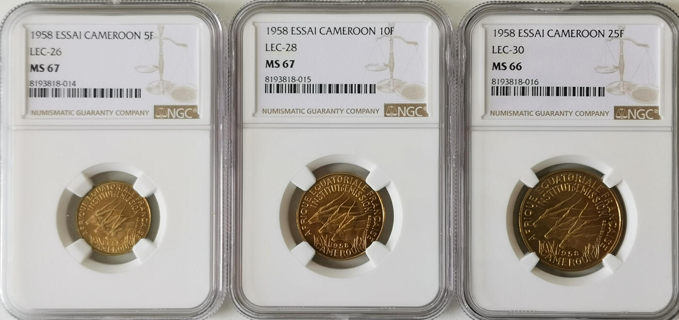 NGC-MS67/66 1958法属赤道非洲喀麦隆样币三枚套