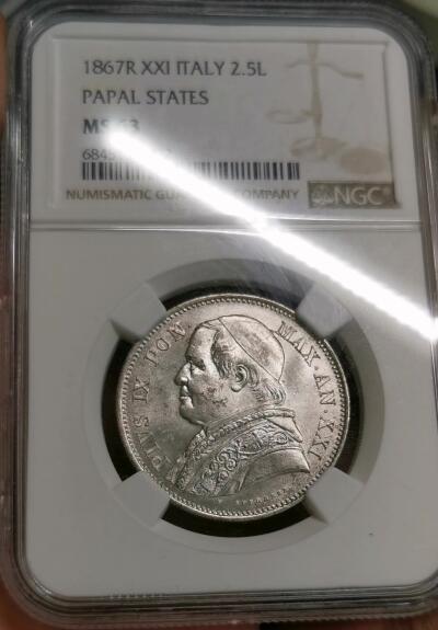 凡希社世界钱币微拍第二百七十七期 荐！1867R梵蒂冈庇护九世2.5里拉银币NGC-MS63，全银光，稀有面值！