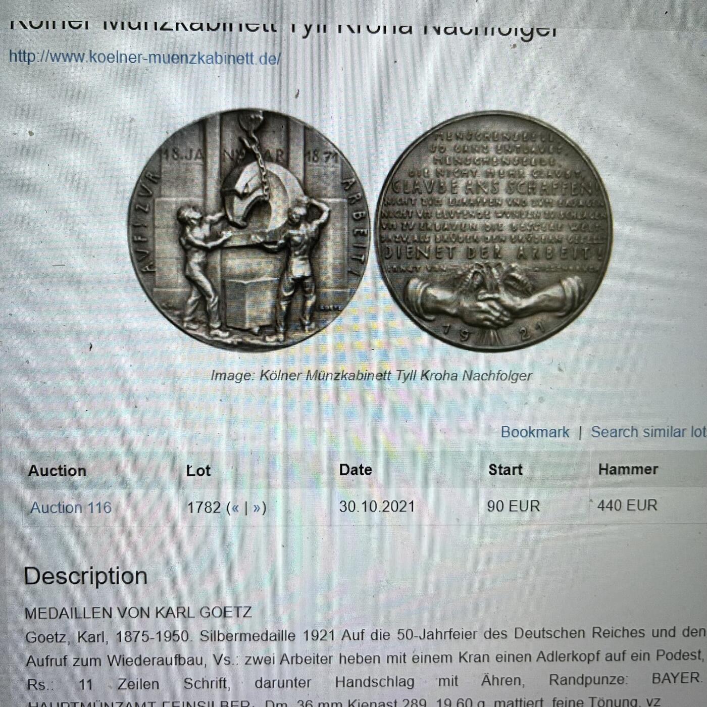 NGC-MS63 1921德国卡尔歌茨系列德意志帝国50周年纪念银章
