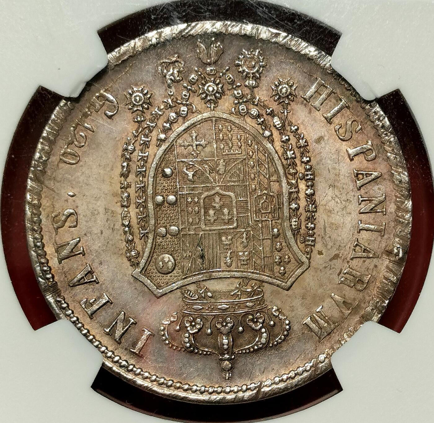 凡希社世界钱币微拍第二百七十七期 荐！1818那不勒斯与西西里费迪南德王冠像120GRA大银NGC-MS61，欧陆包浆，香槟金包浆，无弱打，细节深峻锐利的收藏级精品！