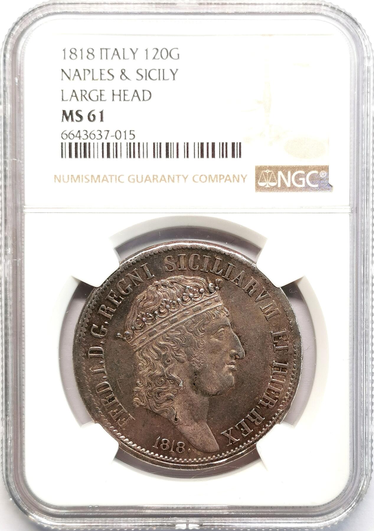 凡希社世界钱币微拍第二百七十七期 荐！1818那不勒斯与西西里费迪南德王冠像120GRA大银NGC-MS61，欧陆包浆，香槟金包浆，无弱打，细节深峻锐利的收藏级精品！