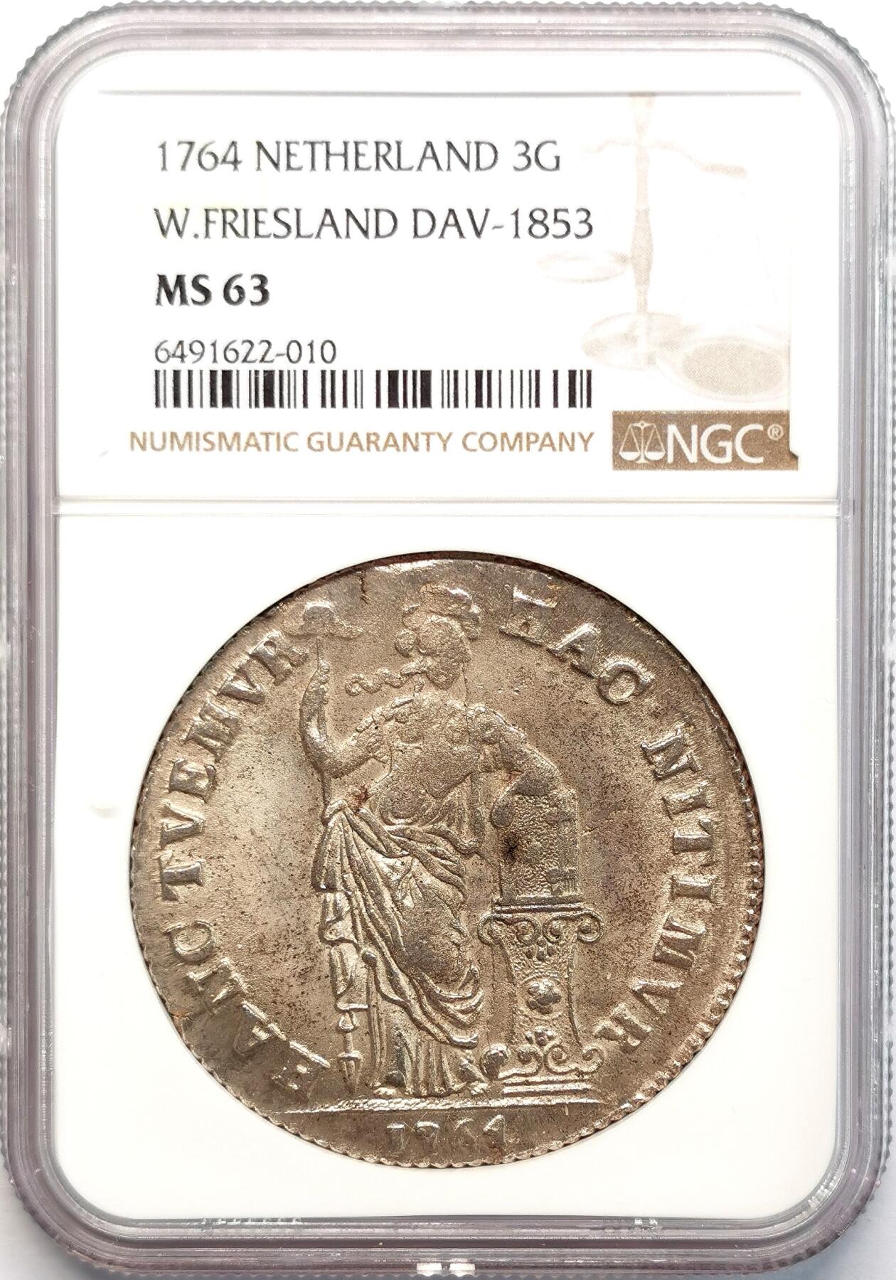凡希社世界钱币微拍第二百七十七期 荐！1764联省共和国西弗里斯兰雅典娜3盾大银NGC-MS63，迷人的淡金包浆！