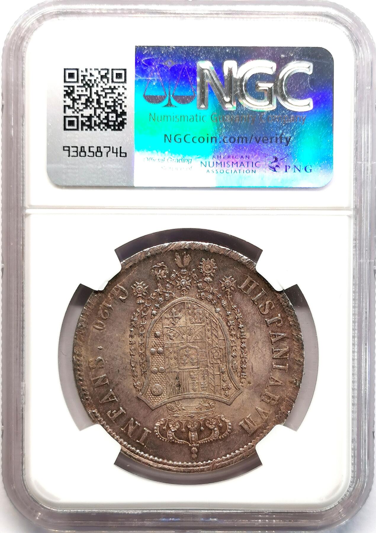 凡希社世界钱币微拍第二百七十七期 荐！1818那不勒斯与西西里费迪南德王冠像120GRA大银NGC-MS61，欧陆包浆，香槟金包浆，无弱打，细节深峻锐利的收藏级精品！