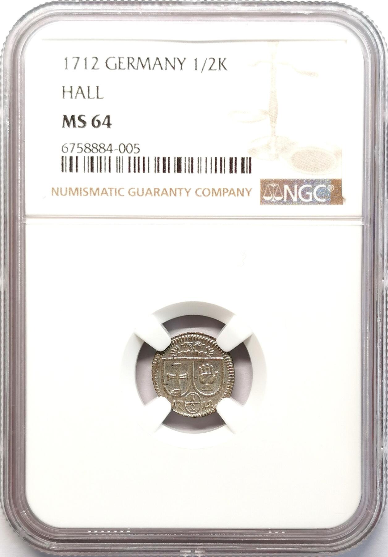 凡希社世界钱币微拍第二百七十七期 1712帝国自由市施瓦本哈尔1/2K银辅币NGC-MS64，著名的大手掌城徽！