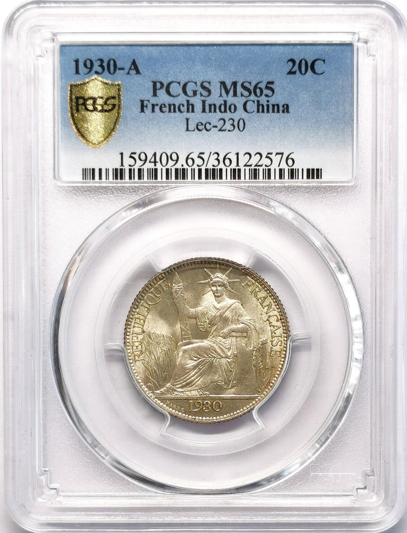 凡希社世界钱币微拍第二百七十七期 1930A法属印度支那20分银币PCGS-MS65，淡彩黄光收藏级！