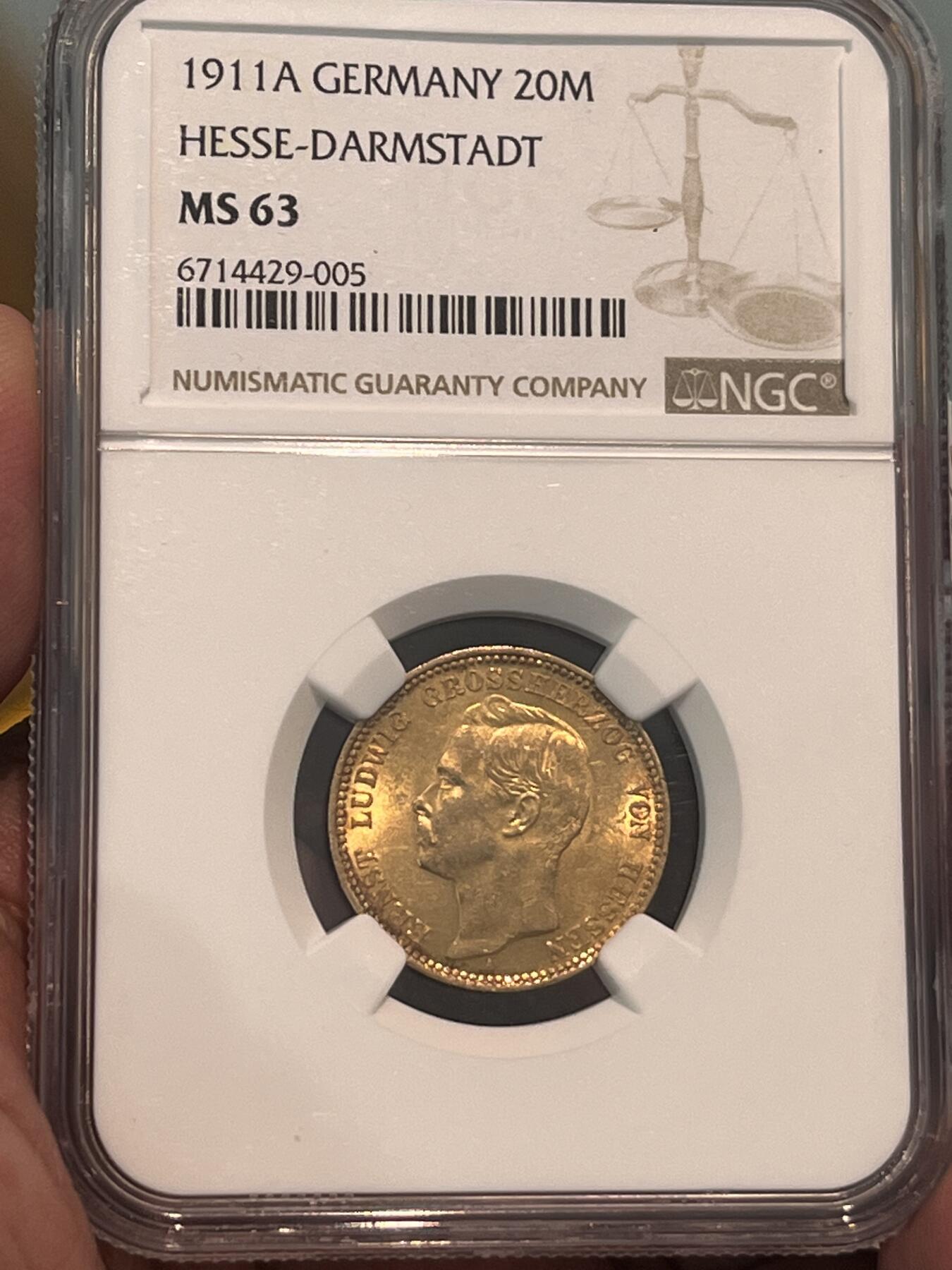 NGC-MS63 1911黑森达姆斯塔特20马克金币季军