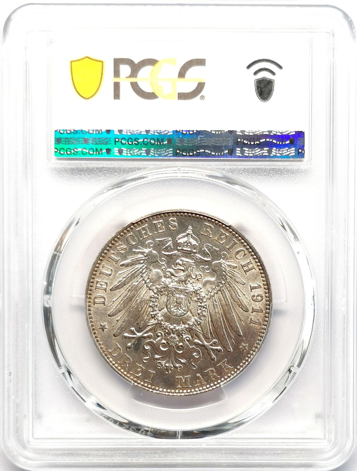 凡希社世界钱币微拍第二百七十七期 1911D德国巴伐利亚3马克PCGS-MS63