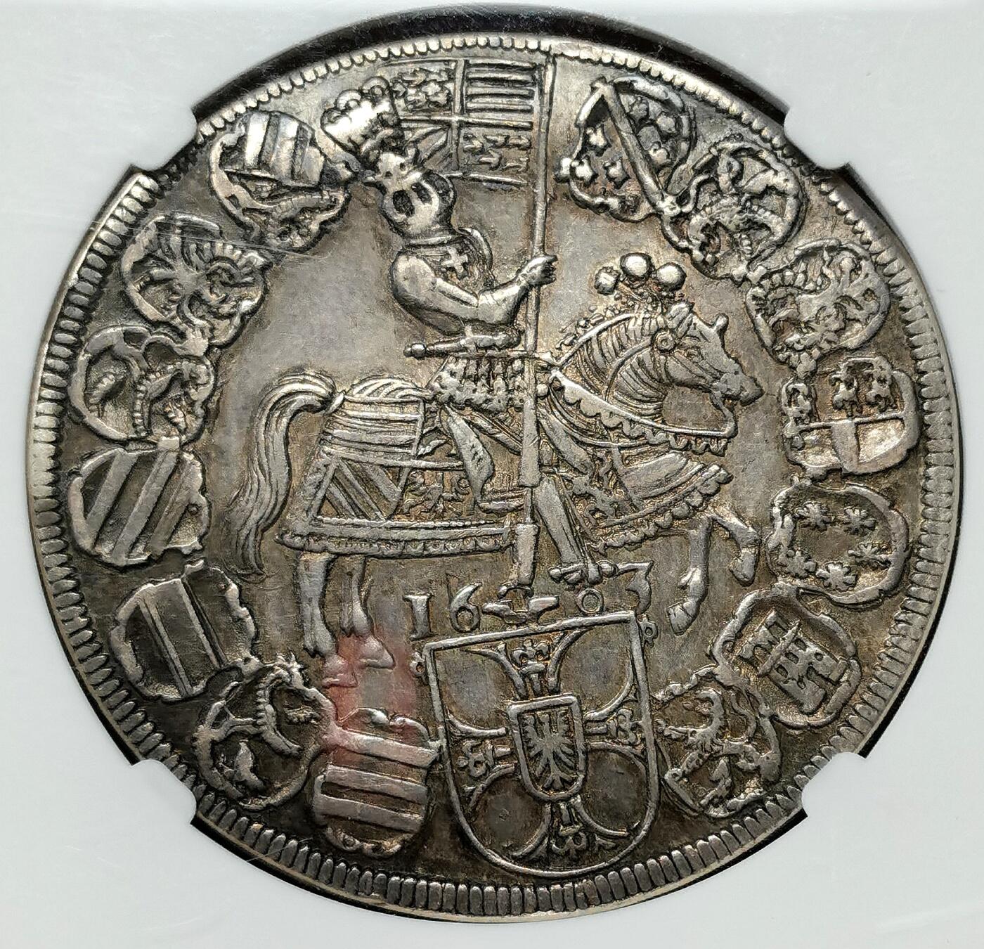 凡希社世界钱币微拍第二百七十七期 荐！1603条顿骑士团盾徽与重装骑士泰勒大银NGC-AU55，传世黑彩，包浆醇熟，稀有的一年型品种！