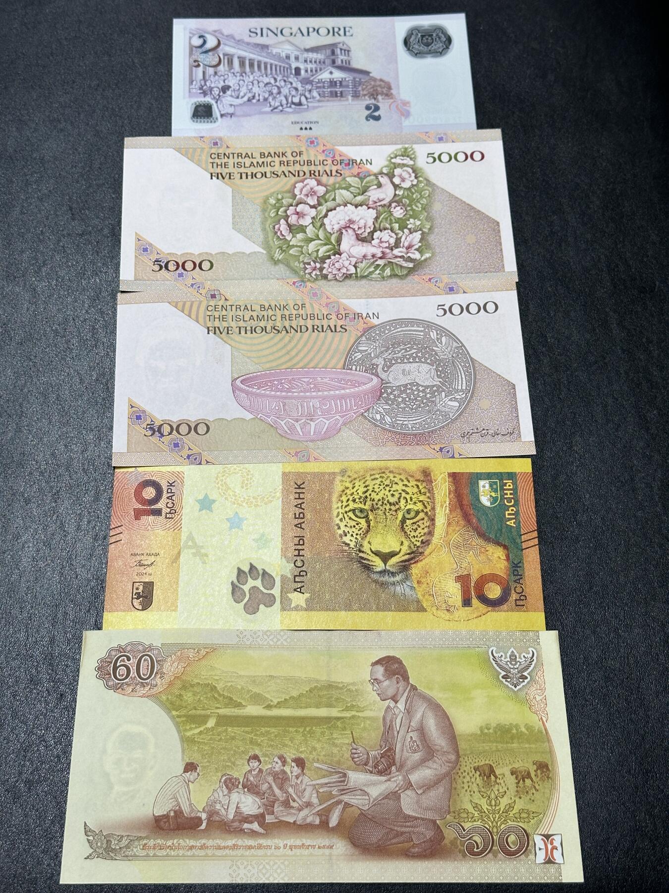 《外钞收藏家》第三百九十四期 新加坡、伊朗、阿布哈兹、泰铢 五张精美纸币 全新UNC