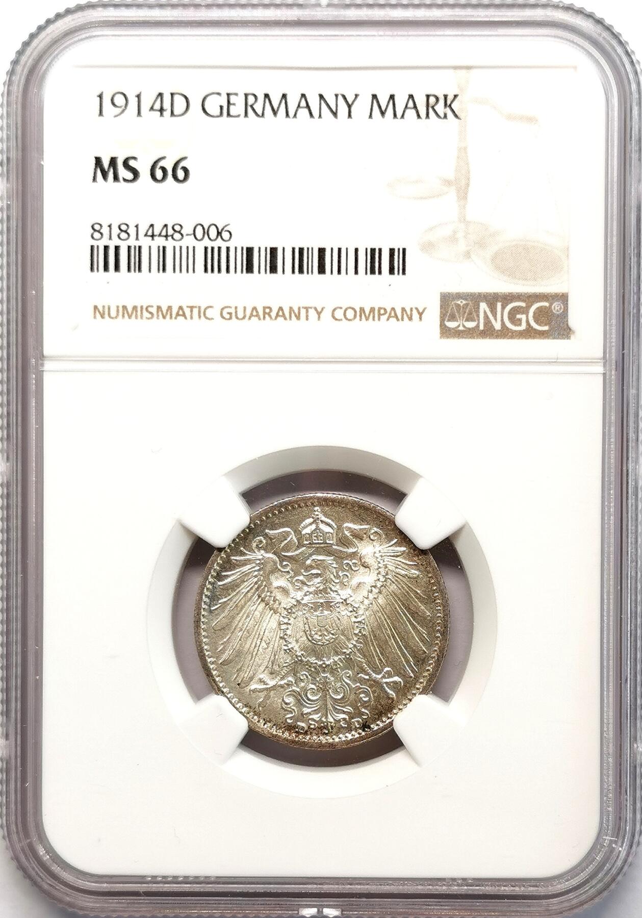 凡希社世界钱币微拍第二百七十七期 1914D德国银马克NGC-MS66