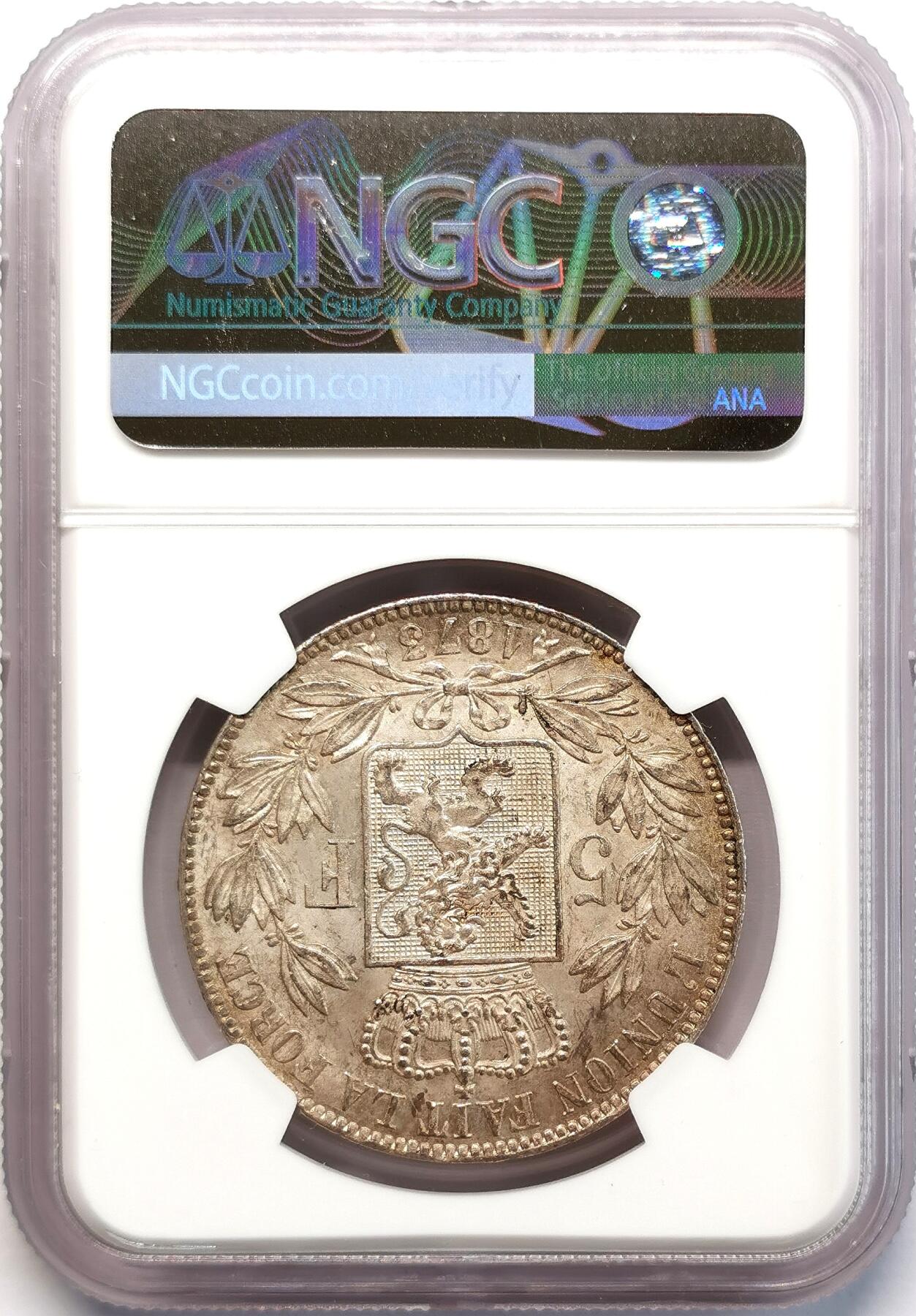 凡希社世界钱币微拍第二百七十七期 1873比利时利奥波德二世5法郎大银NGC-MS62