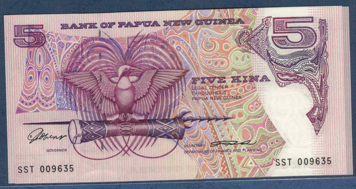 巴布亚新几内亚1993年5基纳 无47 签名4 P-14a 实物图 UNC